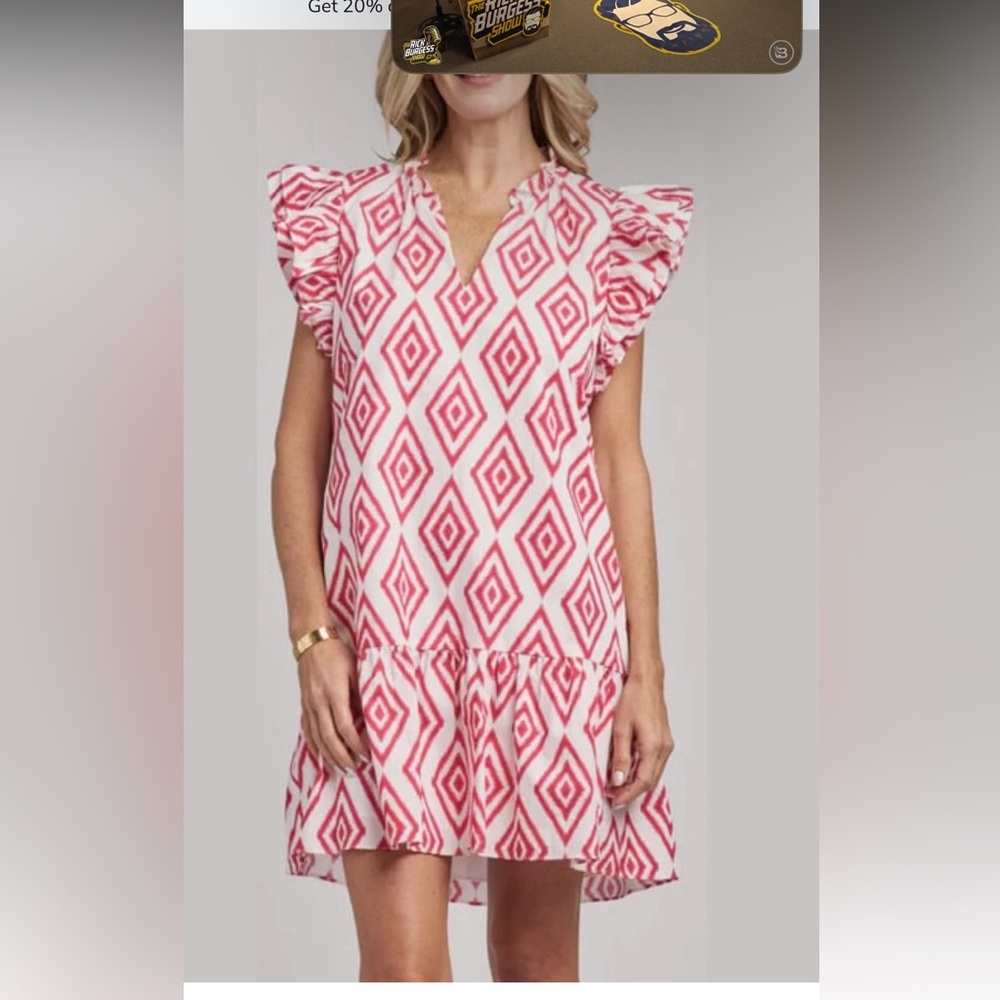 NWOT Pink and White Ruffled Flutter Sleeve Mini Dress - size XS